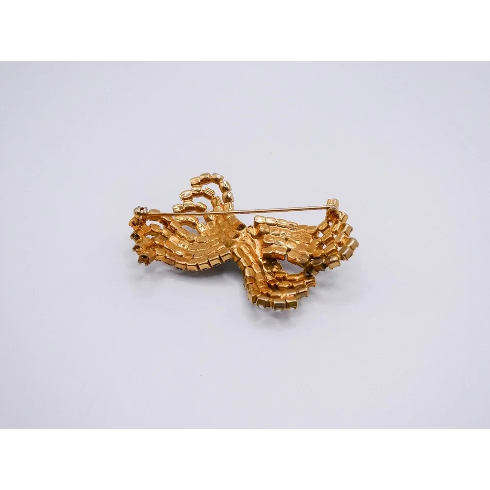 Vintage Milk Glass White Bow Gold Toned Brooch Large 2.6 Rhinestone Figural